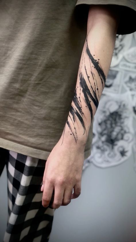 Dark Abstract Tattoo, Brushstroke Tattoo, Dark Lettering Tattoo, Splatter Tattoo, Dark Lettering, Around Arm Tattoo, Hp Tattoo, Basic Tattoos, Geometric Mandala Tattoo