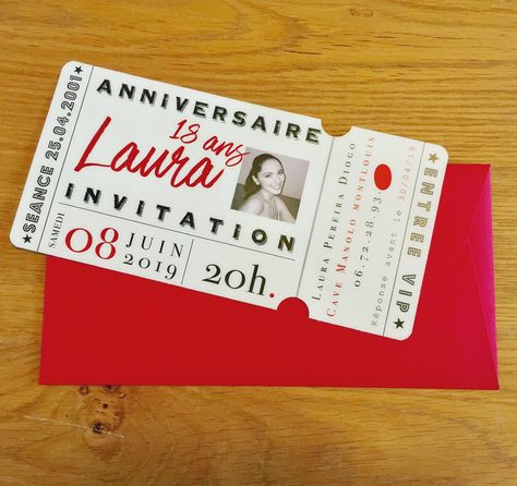 #anniversaire  #18ans #invitation #event #creationbymel Birthday Ticket Invitation, Invitation For 18th Birthday, 18th Invitation Card, Invitation Birthday 18th, 18birthday Party Ideas, Bday Invitation Cards, 18th Birthday Party Invitations, Red Birthday Invitations, 18th Birthday Invitations