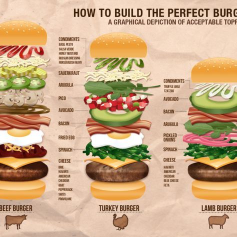 How to build the perfect burger: a graphical depiction of acceptable toppings How To Build A Burger, Burgers Toppings Ideas, Best Burger Toppings, Build A Burger, Perfect Burger Recipe, Types Of Burgers, Lamb Patties, Burger Order, Perfect Burger