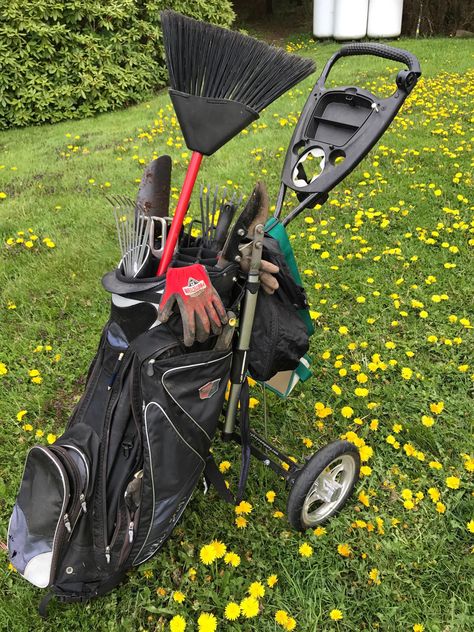 An old golf bag to caddy around gardening tools. So genius! Wheelbarrow Garden Man, Fun Gardens, Allotment Inspiration, Garden Tool Bag, Life Pro Tips, Landscaping Equipment, Garden Bags, Garden Cart, Garden Tool Storage