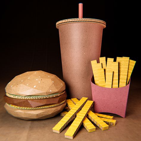 Making cardboard stuff is always cool and I have a soft spot for it =) So when I saw a photo by Jonny Marc Baker with a cardboard hamburger, I instantly thought that I had to recreate it and make my own rendition of it. Make sure you visit his portfolio at https://www.behance.net/JonnyMarcBaker  As usual, you can follow my Instagram account https://www.instagram.com/angelofernandes where I make daily posts and publish other stuff that I don't put here.  fastfood fries Cardboard hamburger Cardboard Mcdonalds, Cardboard Restaurant, Minka House, Cardboard Food, Cardboard Sculptures, Fake Mustache, Magic Kitchen, Hungry Jacks, Mc Donald's