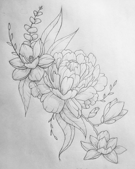 Another one done  #tattoo #peonytattoo #peony #eucalyptus #magnolia #magnoliatattoo #flash #linedrawing #sketch #drawing #etsy Dragons Tattoo, Magnolia Tattoo, Tattoos For Women Half Sleeve, Upper Arm Tattoos, Tattoo Girls, Lily Tattoo, Tattoo Arm, 1 Tattoo, Flower Tattoo Designs