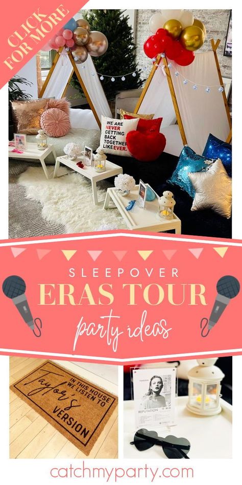 Eras Tour Sleepover Ideas, Eras Tour Birthday Party Decoration, Taylor Swift Sleepover Ideas, Taylor Swift Sleepover, Eras Tour Party, Birthday Taylor Swift, Swiftie Party, Girls Sleepover Party, Rockstar Party