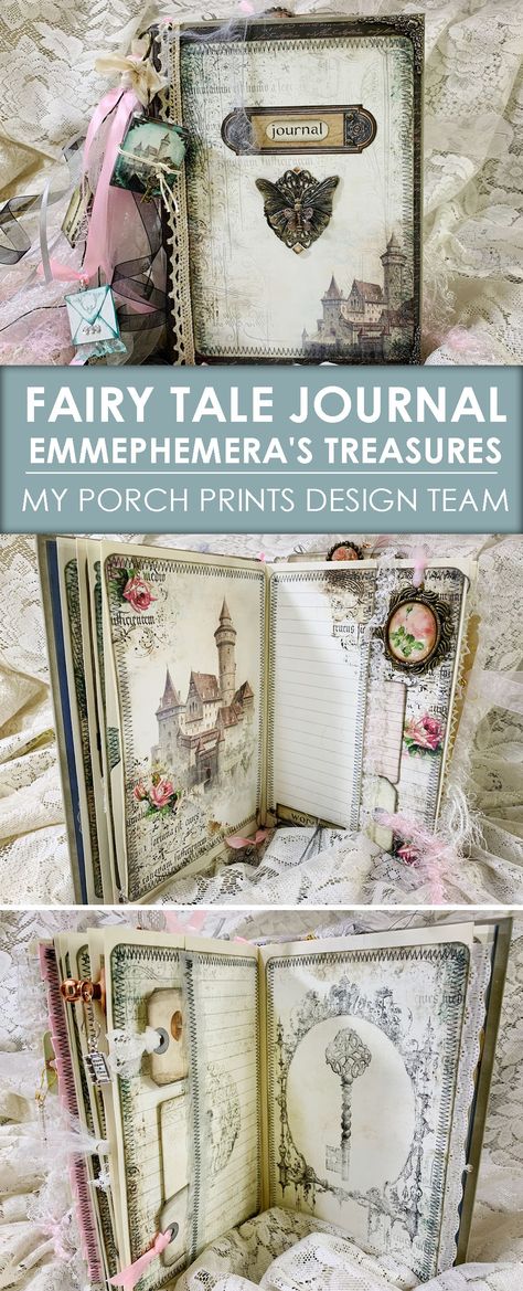 See a flip-through of this beautiful fairy tale themed junk journal from Emily at Emmephemera's Treasures. A My Porch Prints Design Team Project. Fairytale Junk Journal, Fairy Junk Journal Ideas, Fairy Journal Ideas, Junk Journal Themes, Junk Journal Themes Ideas, Fairytale Journal, Fairy Scrapbook, Forest Journal, Wonderland Crafts