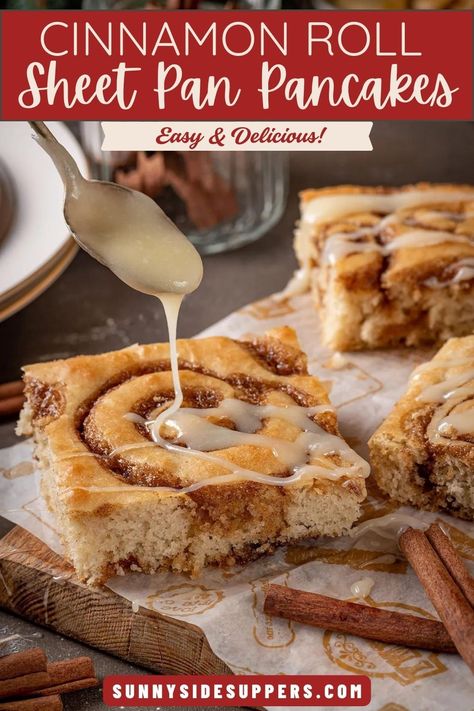 Make fluffy pancakes with cinnamon swirls and vanilla icing. (No need to stand in front of the stove!) #EasyBreakfastIdea #SheetPanPancakes Cinnamon Swirl Sheet Pan Pancakes, Cinnamon Roll Pancakes Easy, Cinnamon Swirl Pancakes, Pancakes With Cinnamon, Cinnamon Roll Pancakes Recipe, Flap Jacks, Cinnamon Swirls, Cinnamon Swirl Cake, Sheet Pan Pancakes