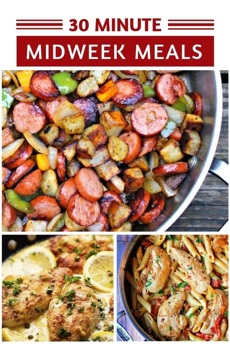 In a hurry and can't think what on earth to make for dinner? These midweek meals are easy to make and you'll have dinner on the table in less than 30 minutes! 30 Min Meals, 30 Minute Dinners, Cooking Advice, Midweek Meals, Quick Dinner Recipes, 30 Minute Meals, Easy Family Meals, Sausages, In A Hurry