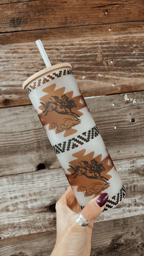 Buckin' Aztec Tumbler -- a tumbler for every cowpoke on the go. Bamboo topper with straw hole. 25 oz. Please Hand Wash Western Water Bottles, Western Boutique Ideas Products, Western Stanley Cup, Sublimation Crafts To Sell, Country Tumbler Cups, Western Tumbler Ideas, Hydration Aesthetic, Cricut Tumbler Ideas Vinyls, Western Cups