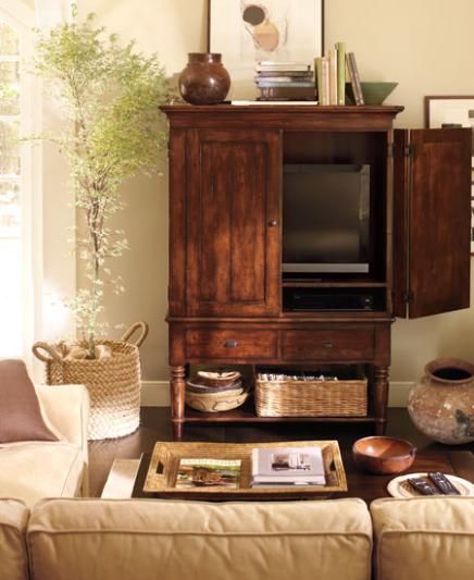 upstairs tv chest Industrial Interior Design Living Room, Armoire Decor, Tv Hutch, Media Room Paint Colors, Hutch Ideas, Living Room Armoire, Television Cabinet, Armoire D'angle, Tv Armoire