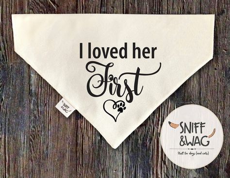 Dog Bandana I LOVED HER FIRST engagement Pet wedding sign announcement marriage bridal gift wedding outfit for dog by SniffandWag2 on Etsy Dog Wedding Outfits, Custom Bandana, First Dog, Happy News, Wedding Pets, Dog Wedding, Bridal Gift, Handmade Business, Pet Neckwear