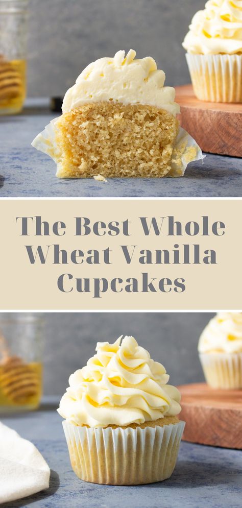 These are the best whole wheat vanilla cupcakes, actually, the best vanilla cupcakes. They are even better than cupcakes made with white flour. The crumb is perfectly tender, they are fluffy and hold up to any frosting you want to put on top. Desserts Made With Whole Wheat Flour, Whole Wheat Cupcakes, Cupcakes Small Batch, Best Vanilla Cupcakes, Wheat Flour Recipes, Caramel Ganache, Homemade White Bread, Office Board, Wholesome Snacks