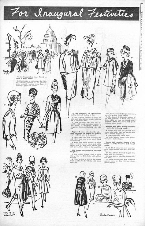 Illustrations of “For Inaugural Festivities,” featured in the January 20, 1961 issue of WWD. At the Reception for Distinguished Ladies the illustrator sketched Mrs. Lyndon Johnson, Mrs. Hugh D. Achincloss, Mrs. Joseph P. Kennedy, and many others in “squared off pillboxes over bouffant hair “a la Jackie.” Lyndon Johnson, Womens Wear Daily, First Ladies, Bouffant Hair, Digital Newspaper, Fashion Institute, Dior Beauty, Fashion Figures, January 20