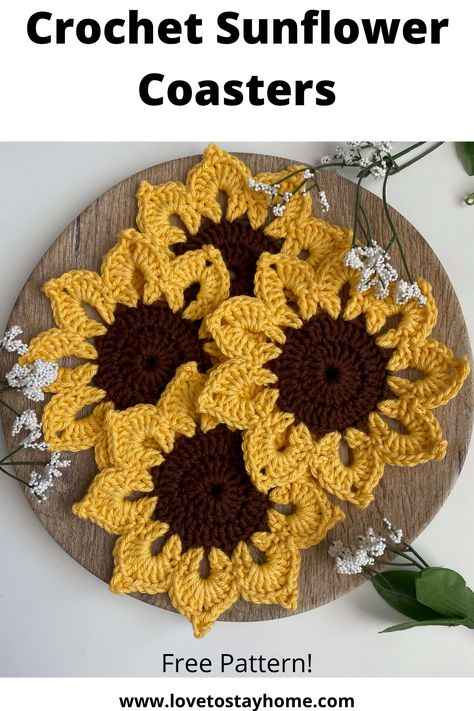 Crochet Coasters Free Pattern, Crochet Coaster Pattern, Bonnet Crochet, Cozy Crochet, Crochet Sunflower, Crochet Fall, Fun Crochet Projects, Crochet Flower Patterns, Diy Crochet Projects