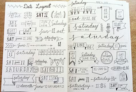 Date/ header layout ideas. Journal Beginner Ideas, Journal Beginner, Date Headers, Bullet Journal Health, Bullet Journal Work, Bullet Journal Headers, Bullet Journel, Bullet Journal Font, Journal Fonts