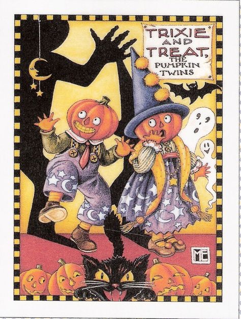 Trixie Treat The Pumpkin Twins......... Twin Costumes, Vintage Halloween Art, Twin Halloween, Mary Engelbreit, Gift Tag Cards, Halloween Pictures, Purim, Hallows Eve, Halloween Printables