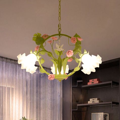 Metal Green Chandelier Lighting Circular 3/6 Heads Country Style Rose Hanging Light Fixture for Dining Room Green Chandelier, Pendant Lamps Bedroom, Green Chandeliers, Bedroom Pendant, Cute Furniture, Style Shabby Chic, Cute Bedroom Decor, Dreamy Room, Hanging Light Fixtures