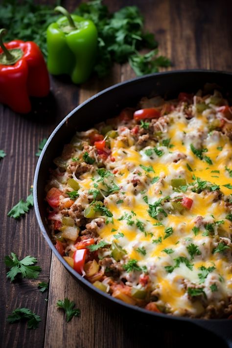 Ground Beef Stuffed Pepper Skillet Stuffed Pepper Skillet, Pepper Skillet, Stuffed Peppers Beef, Beef Entrees, Hamburger Dishes, Pepper Recipes, Pantry Room, Hearty Casseroles, Skillet Recipes