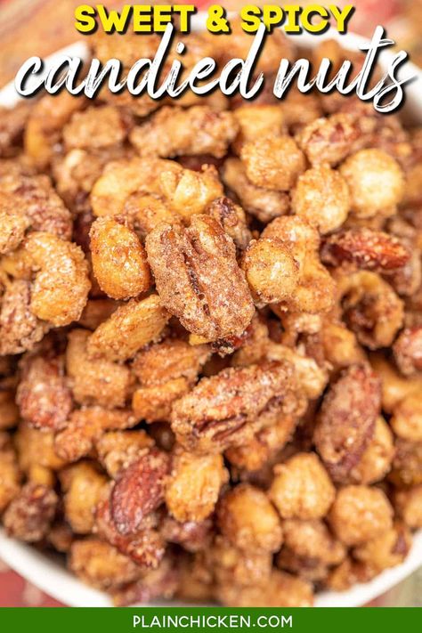 Sweet & Spicy Candied Nuts - dangerously delicious! These cinnamon sugar nuts are on repeat at our house during the holiday season! Mixed nuts, egg whites, brown sugar, granulated sugar, kosher salt, cayenne pepper, and ground cinnamon. Great for snacking and holiday gifting! Gift Food Ideas, Candied Nuts Recipe, Game Night Snacks, Candied Pecans Recipe, Homemade Candy Bars, Spicy Nuts, Spicy Candy, Popcorn Candy, Salted Nuts