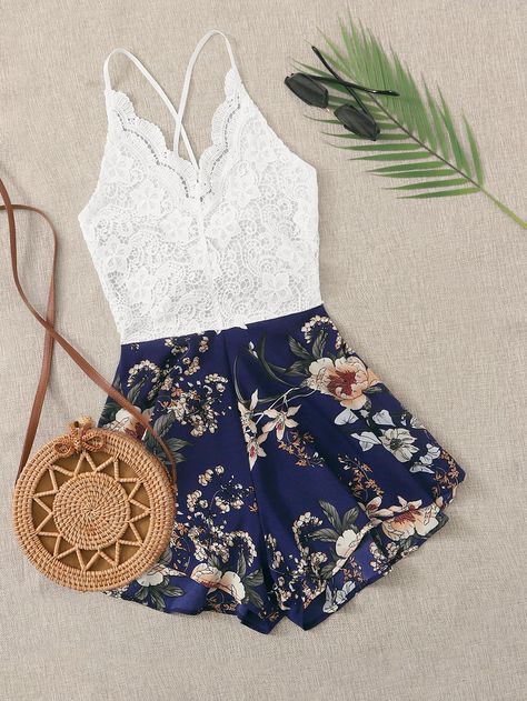 Hawaii Outfits, Cami Romper, Floral Cami, Plus Size Jumpsuit, Lace Romper, Cute Simple Outfits, Summer Fashion Outfits, Lace Panelled, Rompers Women