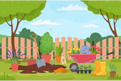 Garden landscape with plants, trees, fence and gardening tools. Wheelbarrow with flowers, plant seeds, shovel. Spring garden vector illustration. Equipment and plants for horticulture Backyard Illustration, Spring Illustration, Garden Illustration, Environment Day, Plant Seeds, 2d Character, Backyard Fences, Spring Art, Garden Landscape