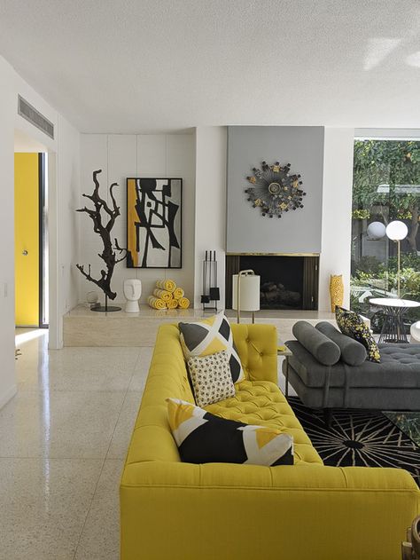 Modern Living Room Bright Colors, Pop Of Color Living Room Grey Couches, Yellow In Living Room, Pop Of Yellow Living Room, Mustard Yellow And Grey Living Room, Living Room Designs Yellow, Yellow Interior Design Living Room, Grey And Mustard Living Room Ideas, Black And Yellow Living Room Ideas