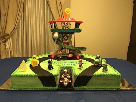 DIY Paw Patrol Lookout Tower Cake - 4th Birthday Paw Patrol Cake Tower, Paw Patrol Lookout Tower Cake, Paw Patrol Lookout Cake, Paw Patrol Tower Cake, Paw Patrol Lookout Tower, Paw Patrol Cake Ideas, Third Birthday Cake, Diy Paw Patrol, Paw Patrol Tower