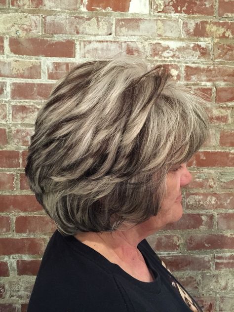 Granite color scheme. Client has Natual white hair and put chocolate chunky highlights throughout. #aloxxi #kreationsbykatie Chocolate Granite Hair Color, Grandma Haircut, White Hair With Lowlights, Easy Highlights, White Hair Highlights, Gray Highlights, Short White Hair, Hair With Lowlights, Chunky Highlights