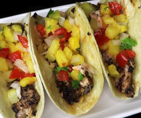 Tacos With Pineapple Salsa, Pineapple Slaw, Pineapple Salmon, Tacos With Pineapple, Jerk Salmon, Salmon Tacos, Trini Food, Caribbean Cuisine, Jamaican Jerk