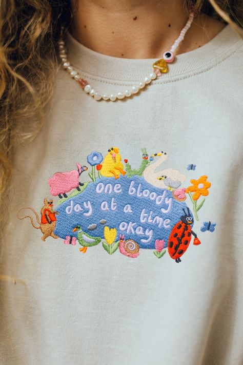 My favourite ever motto in the world ☺ 50% cotton & 50% polyester blend, with a cosy, fleece lining inside. ✐ Dreamed up, hand drawn, designed & embroidered in the UK. ✿ Hand wash if possible. Or machine wash, inside out, at 30°c. ♥ Everything is uni-sex sizing, yay! Please take a look at our size guide for more details (it's just next to the product title). ☻ Sofia is a UK size 8 & wears a size medium pink sweatshirt Etsy Cute Clothes, Vanilla Latte, Crop Top Sweatshirt, Shirt Embroidery, Embroidered Clothes, Embroidery Machines, Embroidered Sweatshirt, Diy Embroidery, Embroidered Sweatshirts