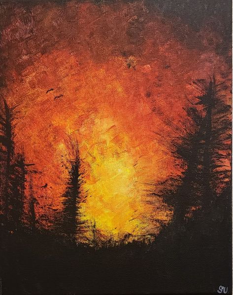 Acrylic canvas painting of the recent 2018 California forest fires by Samantha Unden. Instagram @artbysamanthaunden Forest On Fire Painting, Forest Burning Drawing, I Am A Forest Fire Mitski, Forest On Fire Drawing, Acrylic Fire Painting, Easy Fire Painting, How To Paint Fire Acrylic, Flame Painting Canvas, Fire Painting Acrylic Easy