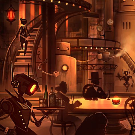 Steampunk Bar, Art Deco City, Steampunk City, Dnd Crafts, Jazz Lounge, Steampunk Aesthetic, Steampunk Wall, Savage Worlds, Scene Design