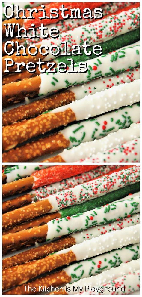 Christmas White Chocolate-Dipped Pretzel Rods ~ White chocolate-dipped pretzels get all dressed up for Christmas with the help of beautiful holiday sprinkles! A super easy & delicious holiday treat. Or, change the sprinkle colors to match any occasion. #Christmaspretzels #whitechocolatepretzels #whitechocolatedippedpretzels www.thekitchenismyplayground.com Peppermint Popcorn, Chocolate Dipped Pretzel Rods, Dipped Pretzel Rods, Christmas Pretzels, Dipped Pretzels, Halloween Cake Pops, Chocolate Dipped Pretzels, Holiday Sprinkles, Pretzel Dip