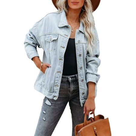 luvamia Women's Jean Jackets Button Down Oversized Denim Jacket Casual Long Boyfriend Coats Outwear for Spring Fall Winter, S-2XL Oversized denim jacket women, a perfect addition to your wardrobe for the spring and autumn seasons Its loose fit provides a relaxed and casual look that is perfect for everyday wear. With its classic and timeless design, this jean jackets for women fashion effortlessly combines fashion and comfort. The shirt neck collar adds a touch of sophistication, while metal sil Jean Jacket Oversized, Boyfriend Jean Jacket, Womens Jean Jacket, Light Jean Jacket, Denim Jackets For Women, Long Sleeve Jean Jacket, Vintage Wash Jeans, Jean Jacket Outfits, Oversized Jean Jacket