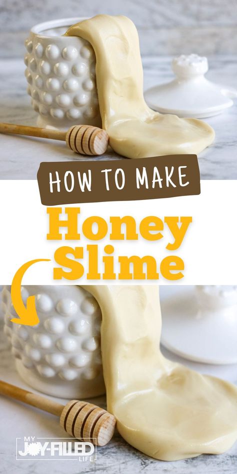 This Honey Slime recipe only calls for 3 safe ingredients - so safe, it's actually edible! It's a great way to make non-toxic slime at home with your kiddos. Honey Slime, Rosh Hashana Crafts, Slime At Home, Honey Snacks, Sensory Play Recipes, Bee Crafts For Kids, Bee Activities, Easy Slime Recipe, Honey Diy