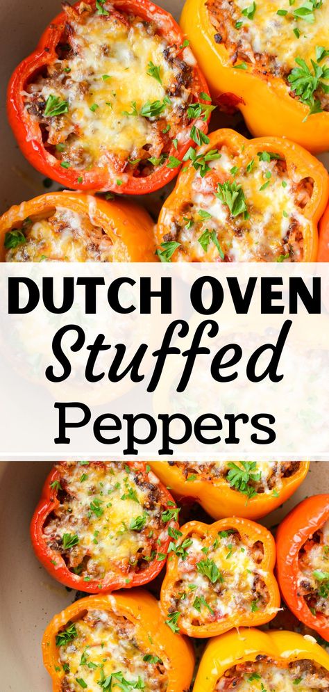 If you're looking for a yummy recipe for stuffed bell peppers, you're going to LOVE this dutch oven stuffed peppers recipe. Made with ground beef, bell peppers, and rice, this easy and healthy dinner recipe is ideal comfort food...with a healthy twist. Naturally gluten free, packed with veggies, and protein rich, this stuffed peppers recipe is perfect for weeknight (or weekend) dinners. If you're looking for dutch oven recipes, you have to try this simple and satisfying recipe. Dutch Oven Stuffed Peppers, Oven Stuffed Peppers, Recipe For Stuffed Bell Peppers, Peppers And Rice, Easy Dutch Oven Recipes, Dutch Oven Recipes Cast Iron, Le Creuset Recipes, Stuffed Peppers Recipe, Healthy Dinner Recipe