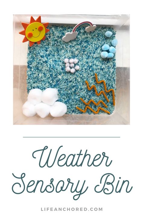 Weather Sensory Bin DIY - Life Anchored April Showers Sensory Bin, Storm Sensory Bin, 4 Seasons Sensory Bin, Weather Sensory Play, Cloud Sensory Bin, Weather Sensory Activities, Creation Sensory Bin, Rain Sensory Bin, Weather Eyfs