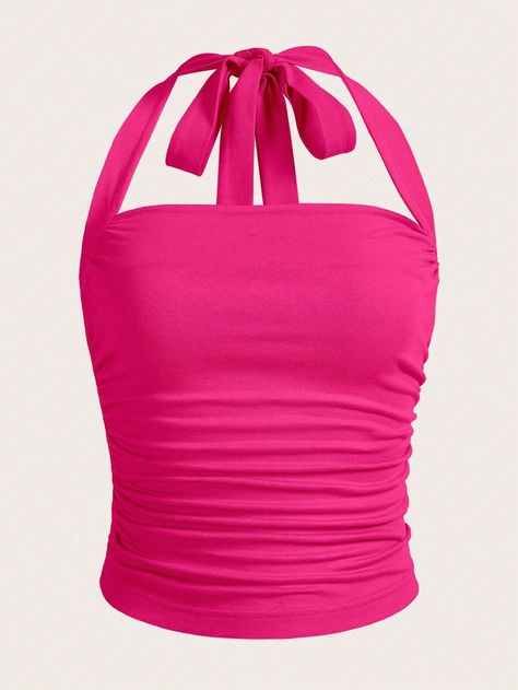 SHEIN EZwear Solid Ruched Halter Top | SHEIN Hot Pink Outfit Casual, Bright Pink Clothes, Hot Pink Halter Top, Hot Pink Shirts, Hot Pink Clothes, Neon Pink Outfit, Pink Y2k Top, Top Fucsia, Neon Pink Tops