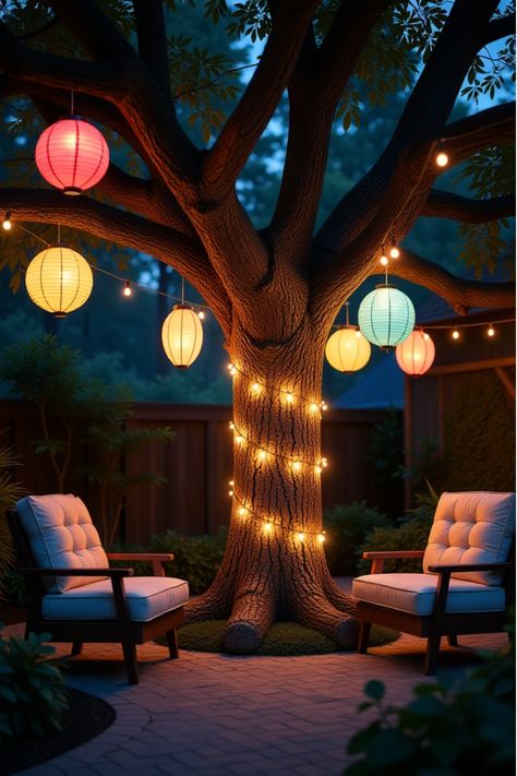 Whimsical outdoor setting with hanging paper lanterns and tree wrapped in lights Backyard Patio Lighting, Patio Lighting Ideas, Unique Backyard, Summer Lights, Backyard Patio Furniture, Outdoor Lighting Fixtures, Wall Sconces Living Room, Twinkle String Lights, Sunrooms