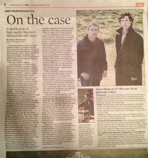 Look what showed up in the A section of my Baltimore Sun newspaper today: a great article about Sherlock Holmes by Mary McNamara of Tribune Newspapers. Whiskey Soda, Sherlock Holmes John Watson, Elementary My Dear Watson, Benedict And Martin, Case File, Silly Hats, Sherlock Holmes Bbc, I'm Leaving, Benedict Cumberbatch Sherlock