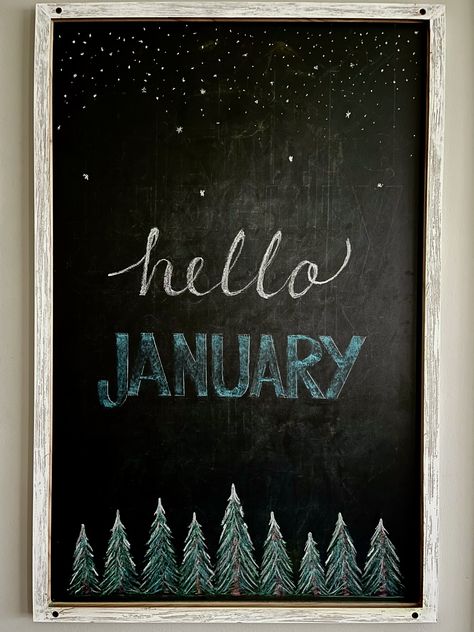 Chalkboard Designs January, January Chalkboard Ideas, January Chalkboard, Chalk Signs, Christmas Party Costume, Hello January, Chalk Ideas, Chalk Sign, Chalkboard Decor