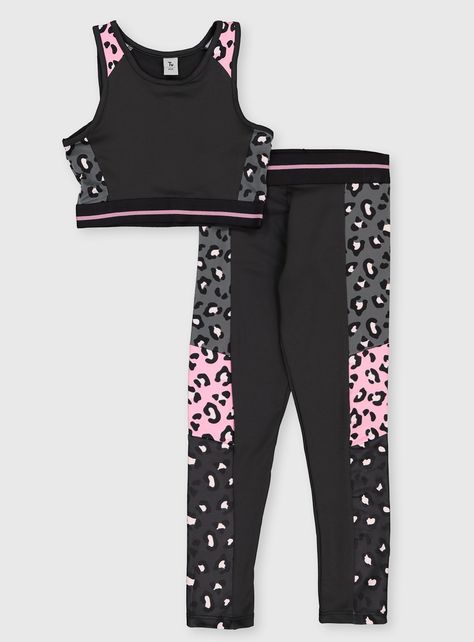 This crop top and leggings set is great for little leopards who love running around. With animal print panelling down the sides and plenty of stretch, this set is ideal for after school clubs and dancing around at home. Leopard activewear set 1 x Black crop top 1 x Pink & black leggings Panelling Animal print Stretch Keep away from fire Material 88% Polyester, 12% Elastane Care Machine washable Product code 138067304 After School Clubs, Dance Crop Tops, Toddler Dance, Sportswear Activewear, Girls Dancewear, Leopard Print Sweatshirt, Dance Leggings, Girls Sportswear, Kids Sportswear