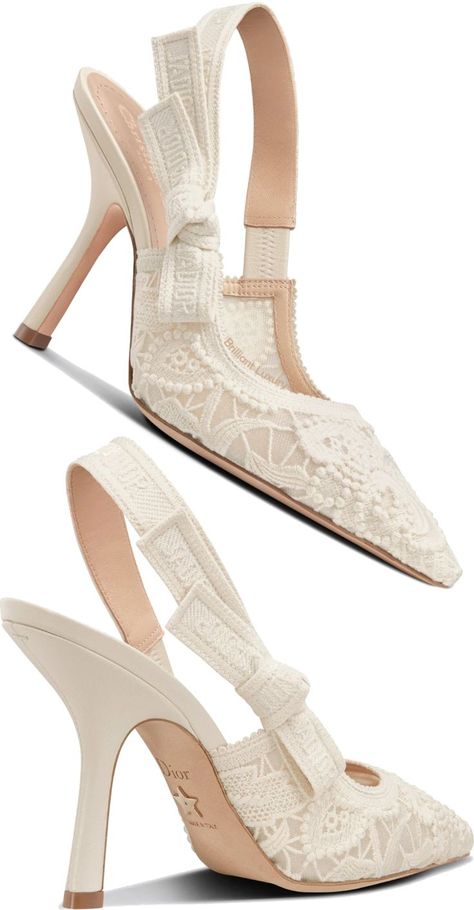 ♦Dior J'Adior slingback pumps in white macramé embroidered cotton #dior #shoes #white #brilliantluxury J'dior Shoes, Dior Slingback White, J’adior Slingback, Christian Dior Slingback Shoes, Dior Wedding Heels, Shoes For White Dresses, Dior Lace Heels, Dior Bridal Shoes, Low Dior Heels