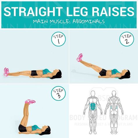 “Double tab if you want more exercise explanations  - Straight Leg Raises Main muscle: Abdominals - Starting position: Lie on your back on the floor or…” Leg Raise, Straight Leg Raise, Glute Bands, Compound Exercises, Knee Exercises, Abs Workout Routines, Leg Raises, Get Moving, Workout Guide