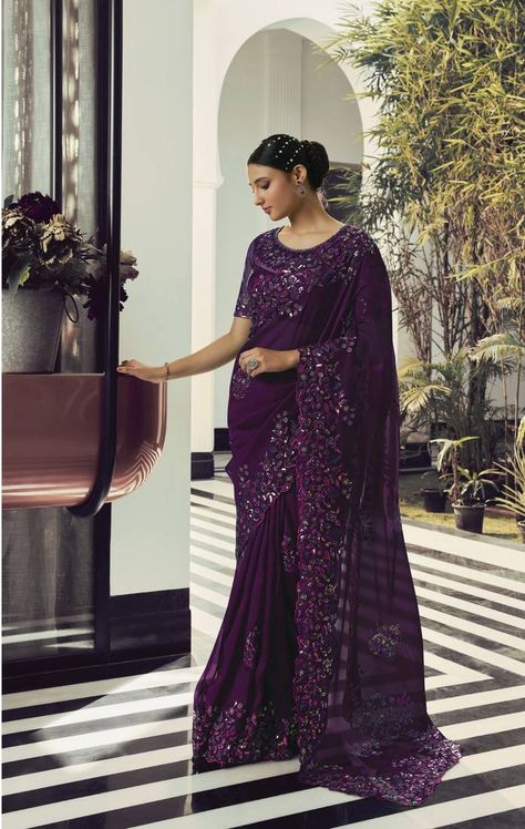 Purple Organza Saree, Dark Purple Color, Ethnic Sarees, Embroidered Organza, Half Sleeve Blouse, Royal Look, Organza Saree, Organza Fabric, Blouse Fabric