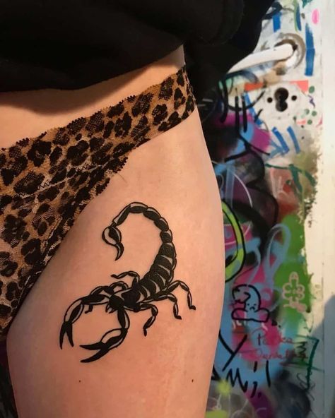 Black Scorpio Tattoo, All Black Scorpion Tattoo, Blacked Out Scorpion Tattoo, Scorpion Tattoo Traditional Black, Scorpio Tattoo American Traditional, Scorpio Tattoo On Thigh, Scorpion Tattoo On Leg, Scorpion Tattoo Thigh, Scorpio Tattoo Thigh