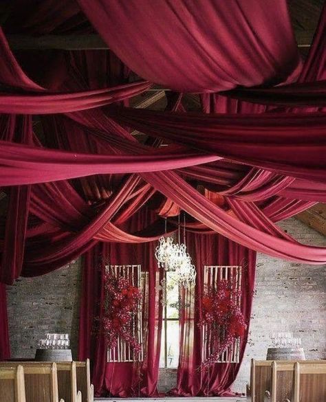 Ceiling Draping Wedding, Ceiling Drapery, Red Ceiling, Draping Wedding, Wedding Ceiling, Ceiling Draping, Fabric Ceiling, Red Drapes, Modern Minimalist Wedding