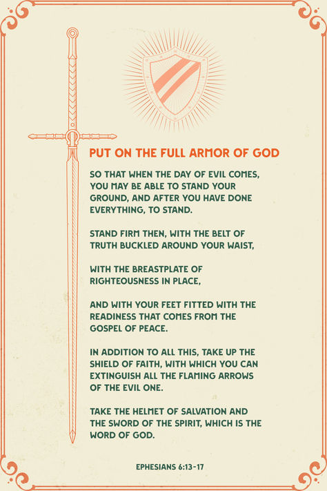 Christian poster with verses of the letter of Paul to the Ephesians. Put on the full armor of God! Put On The Full Armor Of God, Ephesians 6:10 Armor Of God, Armor Of God Bible Verse, Room Decor Green, Orange Printable, Art For Room Decor, Armour Of God, Wall Art For Room, God Poster