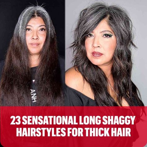 Grey Blended Long Shag for Thick Hair Long Thick Shag Haircut, Shag Haircut With Side Part, Long Shag Haircut Straight Hair Side Part, Long Shag Haircut With Bangs Thick Hair, Shag Haircuts For Long Hair, Long Rocker Hair Cuts For Women, Layered Shag With Fringe Long, Long Choppy Shag Haircut, Long Hair Short Layers Choppy