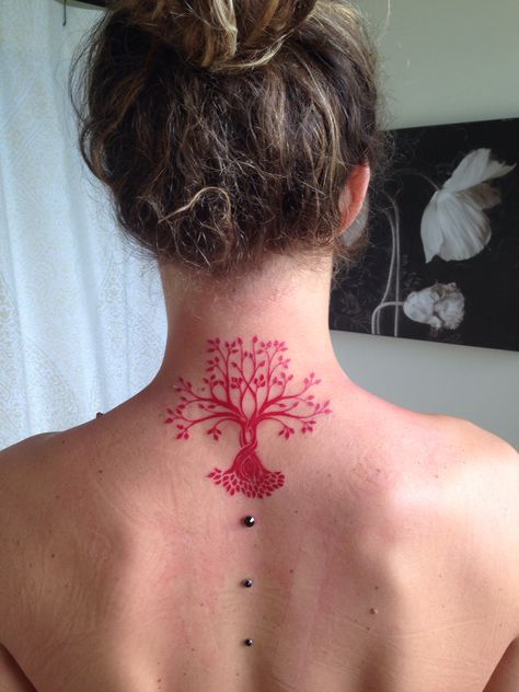 Tree of life. Red Ink. No Hard Feelings Tattoo, Coral Springs Fl. Rusty. Tree Of Life On Back Tattoo, Tree Of Life Tattoo Back Of Neck, Tree Of Life Spine Tattoo, Tree Neck Tattoo, Red Tree Tattoo, Tree Of Life Back Tattoo, Feelings Tattoo, Tattoo Neck, No Hard Feelings