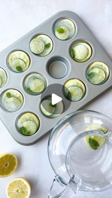 Alaura Berry on Instagram: "Ice Cube Hack 🧊 aka use a cupcake tin!   This hack makes the perfect large ice cubes for a pitcher of water or lemonade at your next BBQ! They elevate a simple drink & make your guests feel extra special AND refreshed with the citrus & mint water. You can even add one ice cube to each cup since these tend to melt slower than smaller ice cubes or add it to your cocktail🍹  To make these large ice cubes: Grab your cupcake tin and add a slice of lemon, lime and a mint sprig to each mold. Fill each with water and pop the tray in the freezer. You can even add edible flowers or edible glitter to make things extra fancy 💫🌸   To remove the cubes:  Place a dish towel on your counter and tap the tray upside down on the counter and the cubes just fall right out! The lon Frozen Ice Cube Ideas, Cube Hack, Cube Ideas, Lemon Ice Cubes, Fancy Ice Cubes, Citrus Party, Pitcher Of Water, Flower Ice Cubes, Flavored Waters