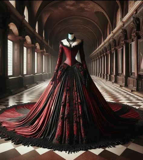 Red Ballgown Aesthetic, Black Dress Ballgown, Queen Dress Royal Fantasy, Fantasy Gowns Queens, Black Fantasy Gown, Ballgown Aesthetic, Goth Weddings, Red Prom Dress Elegant, Red Ballgown